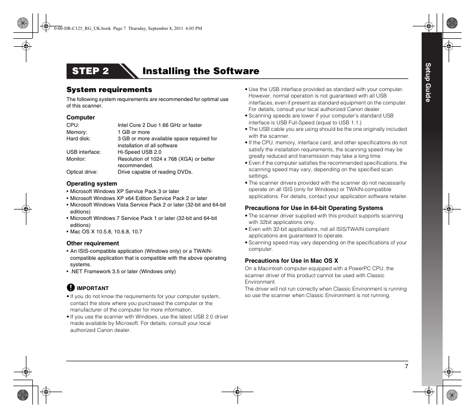 Step 2 installing the software | Canon imageFORMULA DR-C125 Document Scanner User Manual | Page 7 / 68