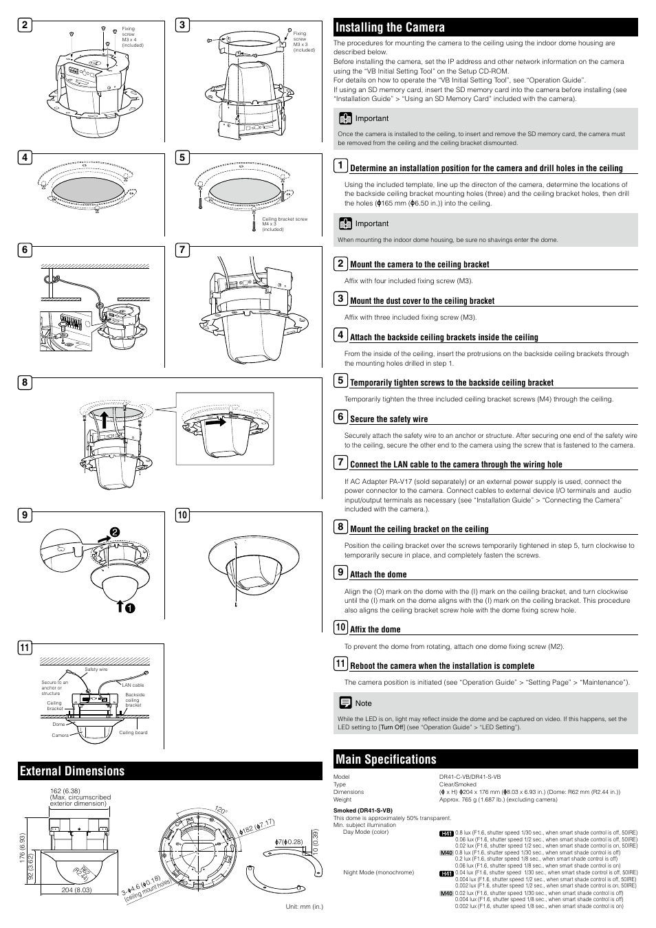 Installing the camera, Main specifications, External dimensions | Canon VB-M40 User Manual | Page 2 / 2