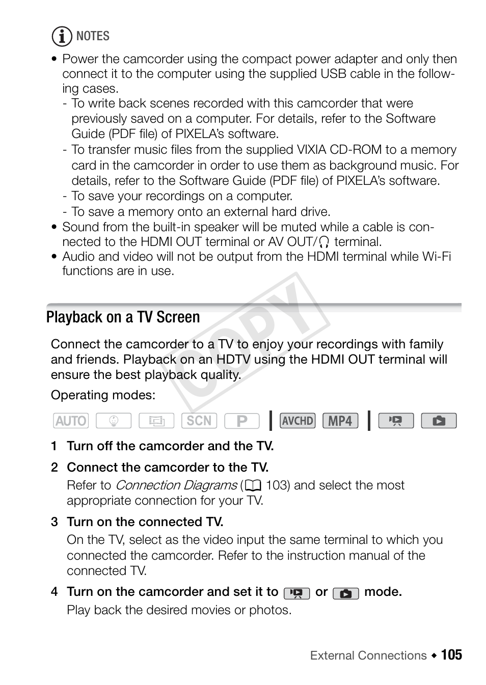 105 playback on a tv screen, Cop y | Canon VIXIA HF R42 User Manual | Page 105 / 197