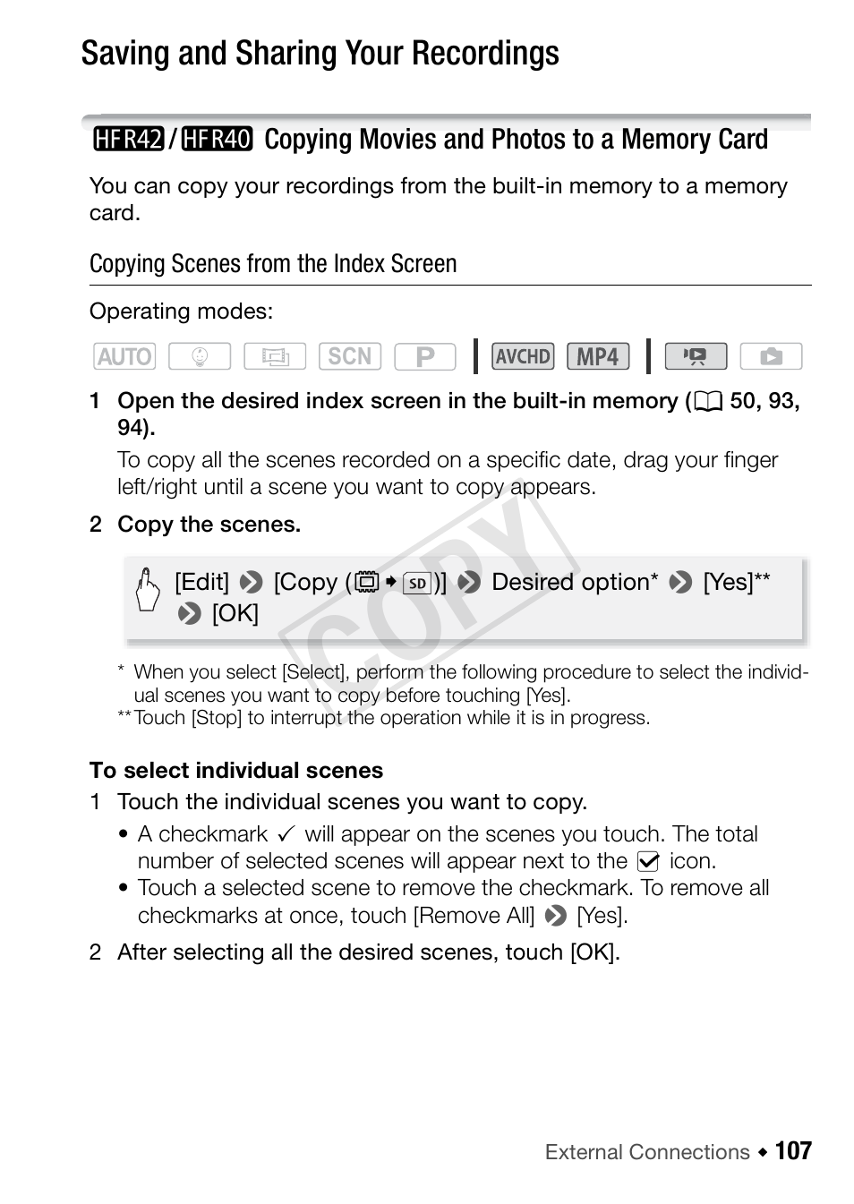 107 saving and sharing your recordings, 6/4 copying movies and photos to a memory card, Cop y | Saving and sharing your recordings | Canon VIXIA HF R42 User Manual | Page 107 / 197
