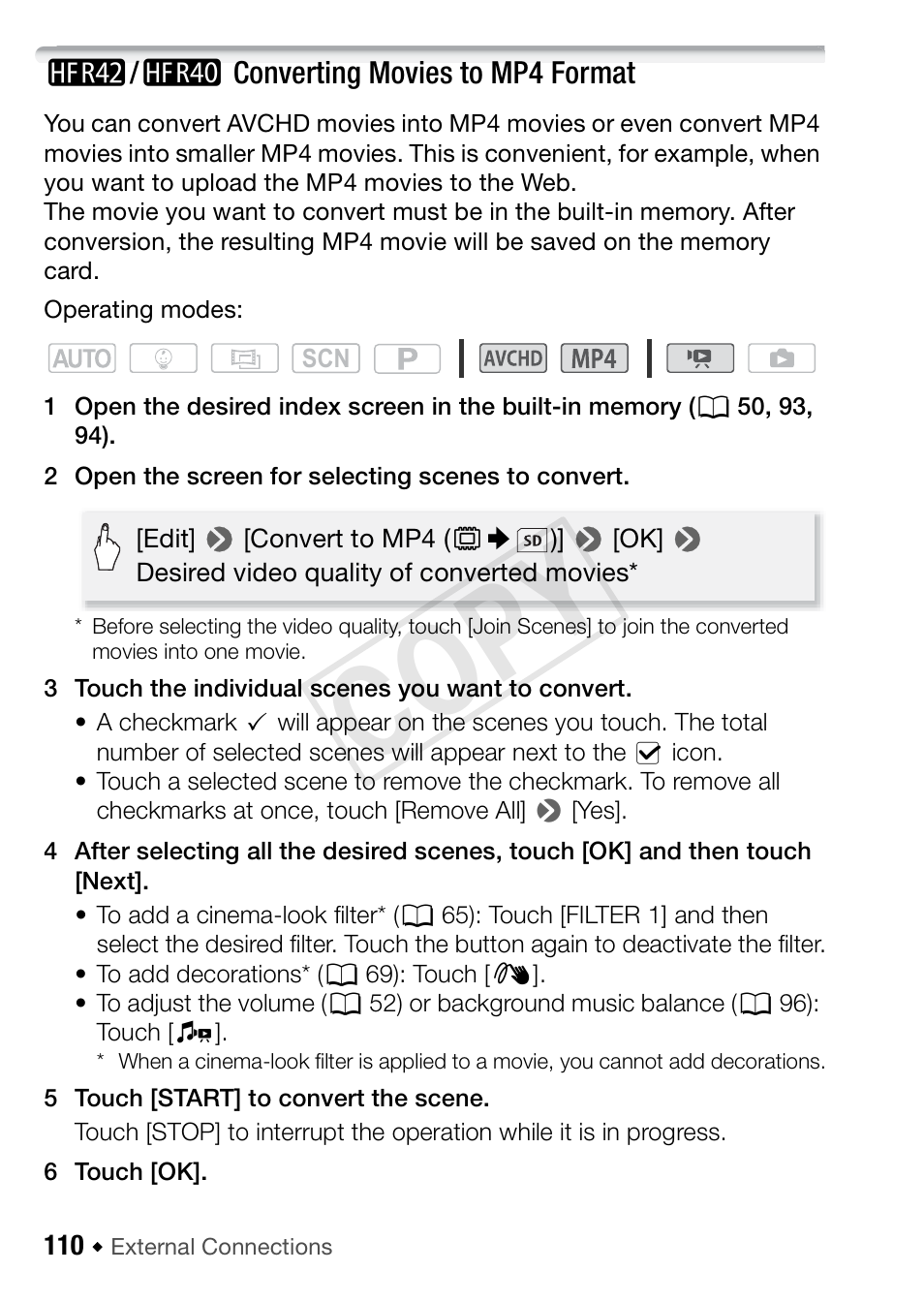 6/4 converting movies to mp4 format, Cop y | Canon VIXIA HF R42 User Manual | Page 110 / 197