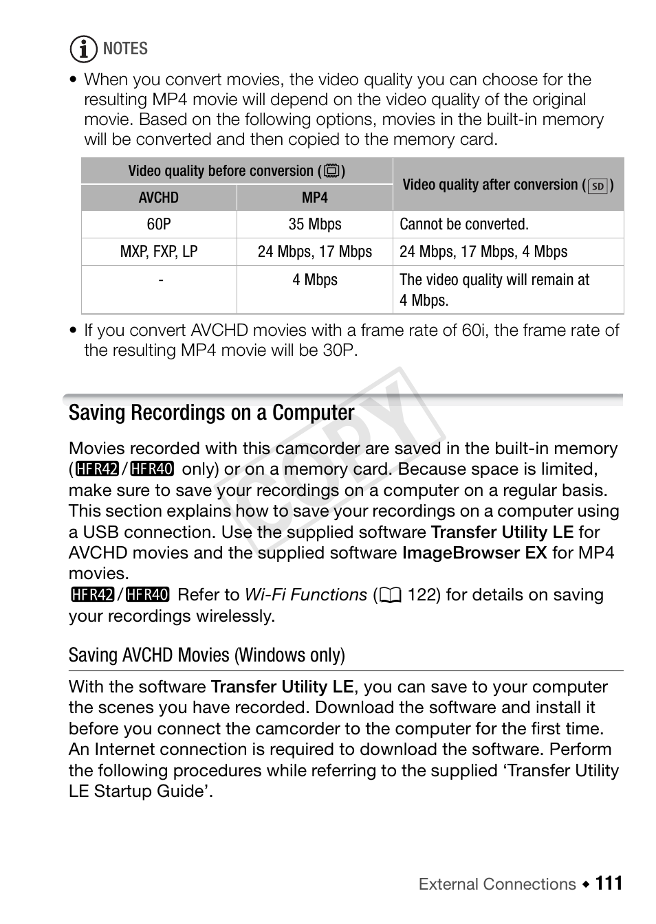 Saving recordings on a computer, Cop y | Canon VIXIA HF R42 User Manual | Page 111 / 197