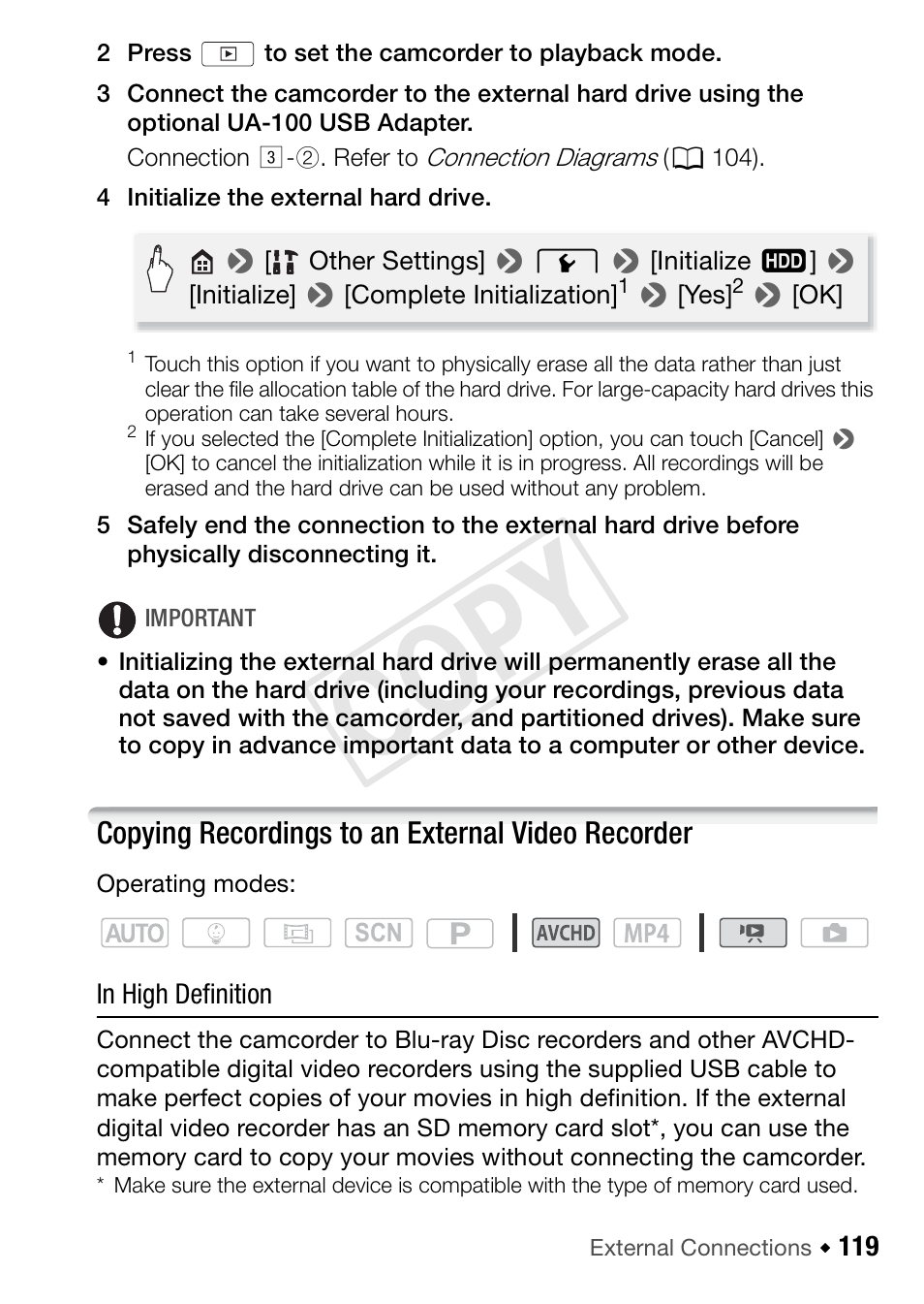 Copying recordings to an external video recorder, Cop y | Canon VIXIA HF R42 User Manual | Page 119 / 197