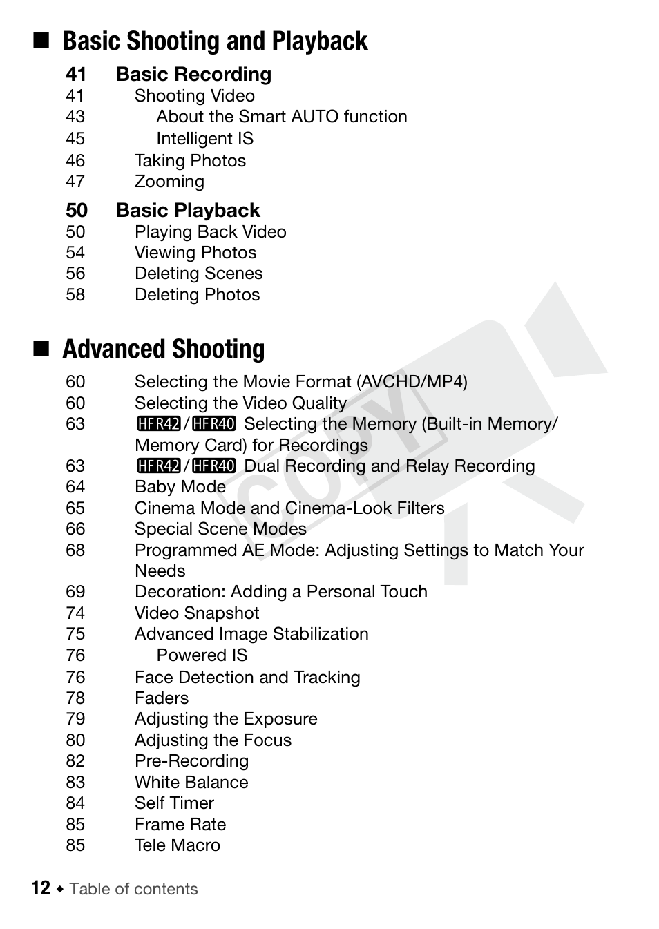 C op y, Basic shooting and playback, Advanced shooting | Canon VIXIA HF R42 User Manual | Page 12 / 197