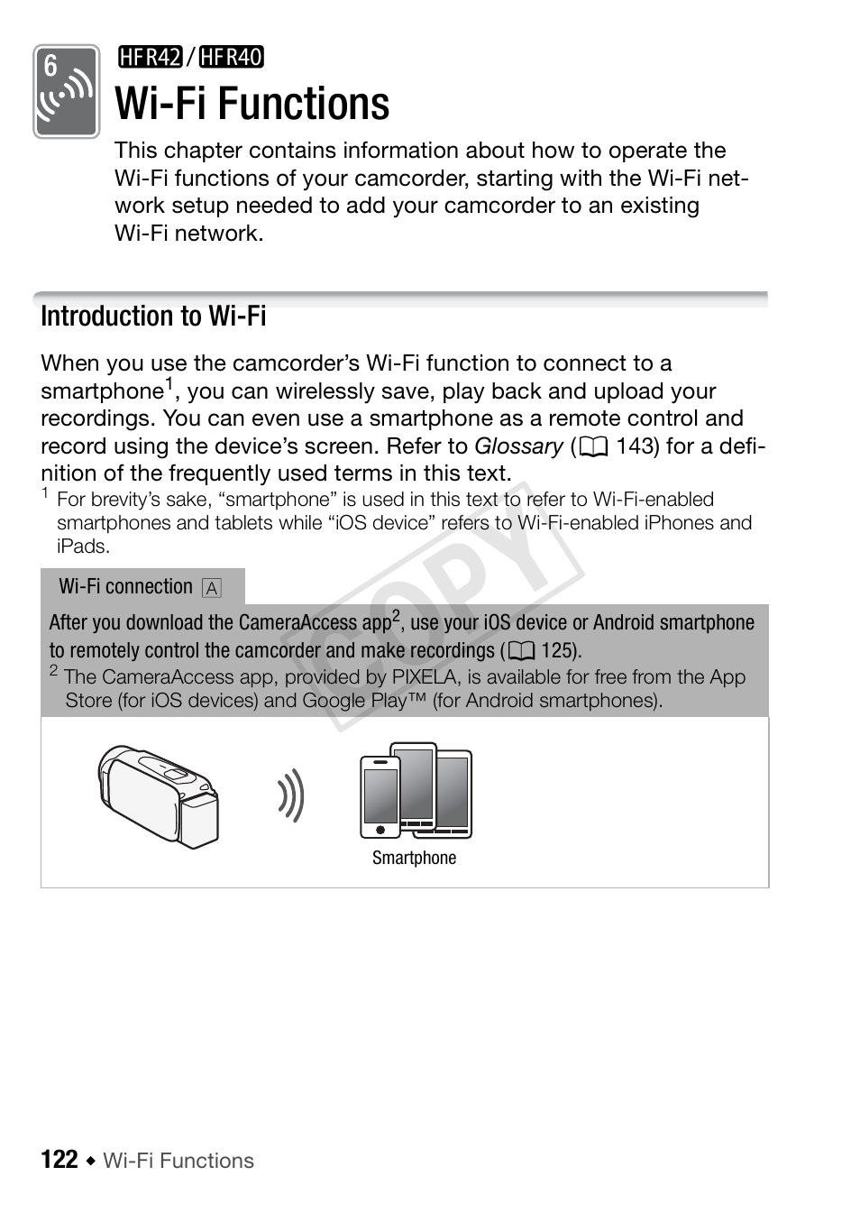 6/4 wi-fi functions, Introduction to wi-fi, Cop y | Wi-fi functions | Canon VIXIA HF R42 User Manual | Page 122 / 197