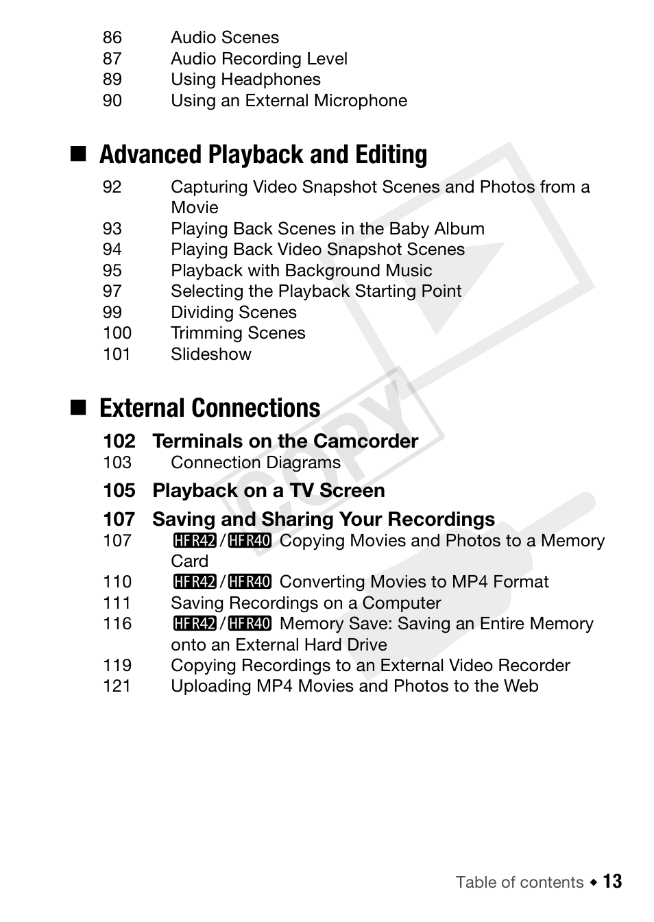 C op y, Advanced playback and editing, External connections | Canon VIXIA HF R42 User Manual | Page 13 / 197