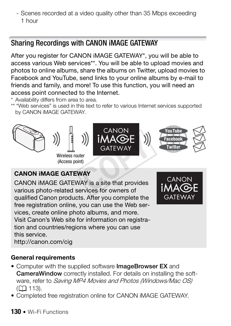 130). f, Sharing recordings with canon image gateway, Cop y | Canon VIXIA HF R42 User Manual | Page 130 / 197