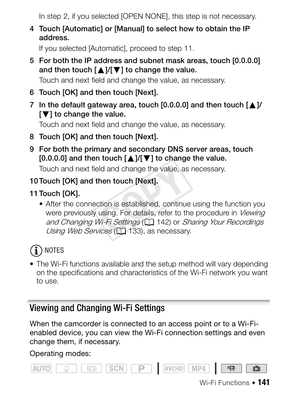 Viewing and changing wi-fi settings, Cop y | Canon VIXIA HF R42 User Manual | Page 141 / 197
