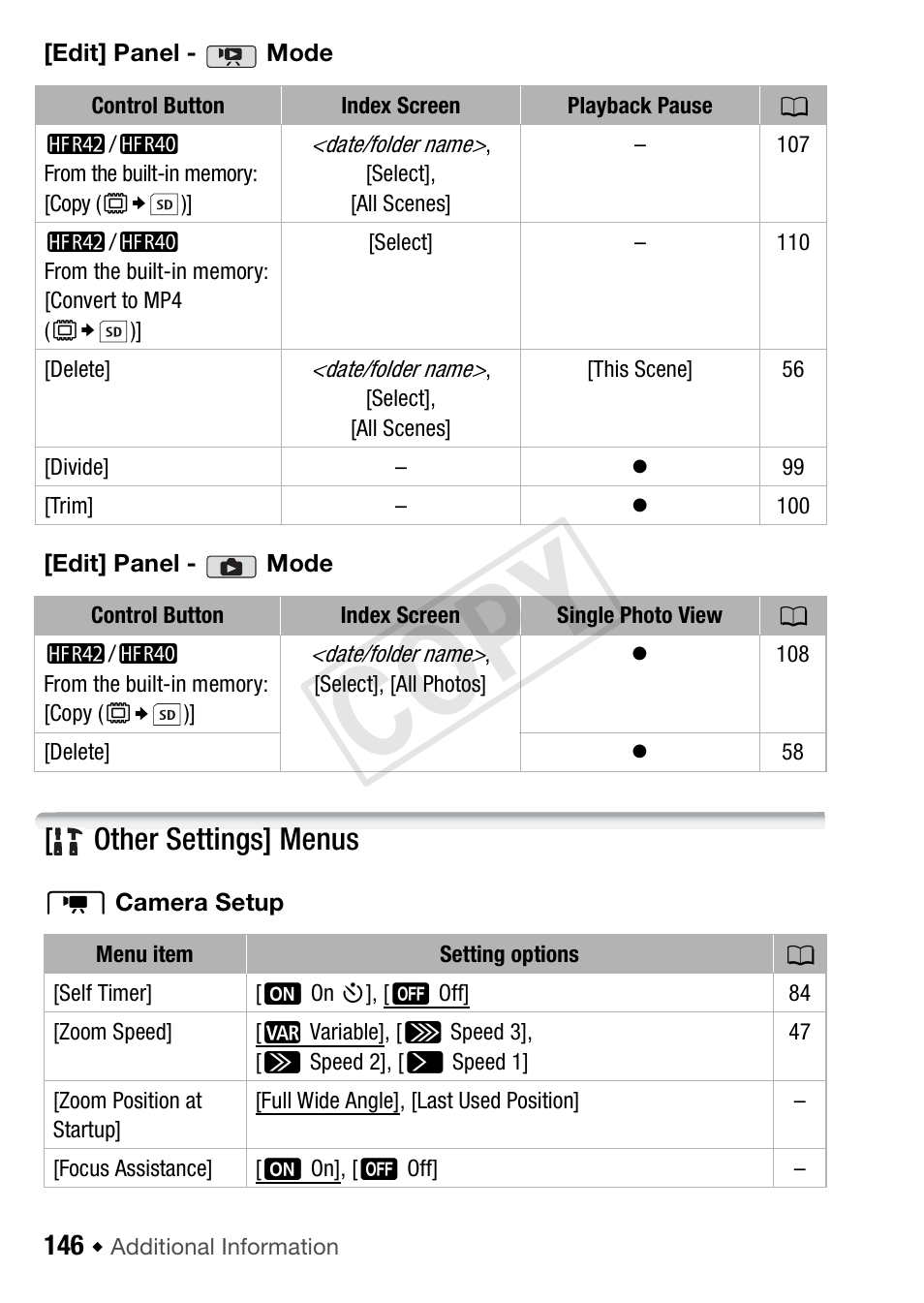 Other settings] menus, Cop y | Canon VIXIA HF R42 User Manual | Page 146 / 197