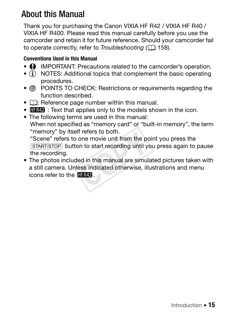 About this manual, Cop y | Canon VIXIA HF R42 User Manual | Page 15 / 197