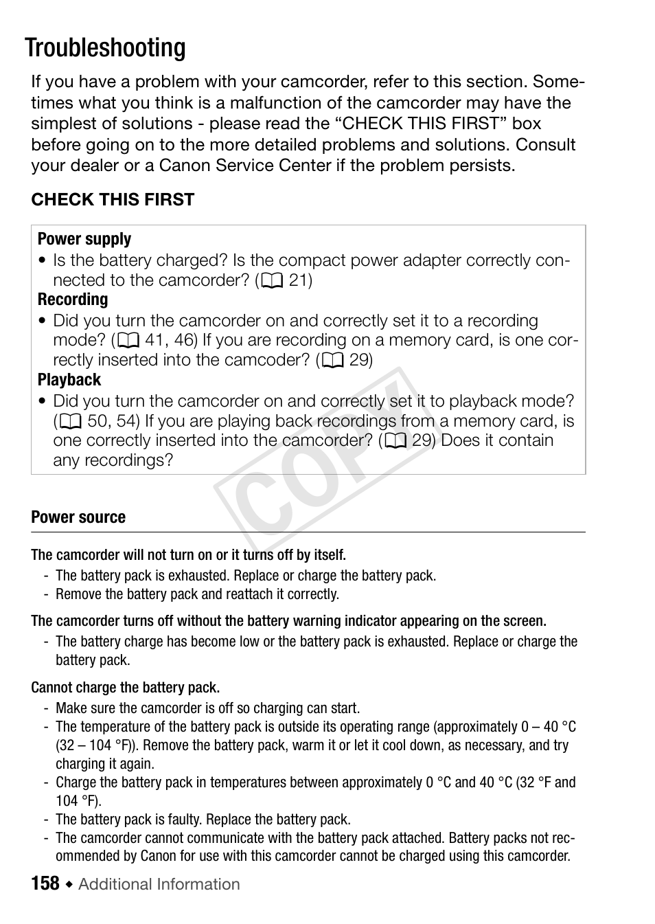 158 trouble, Troubleshooting, Cop y | Canon VIXIA HF R42 User Manual | Page 158 / 197