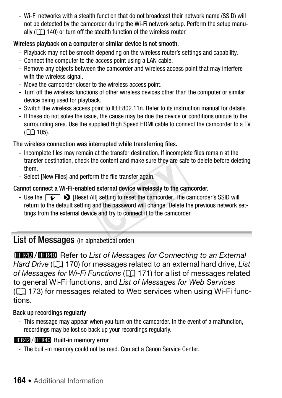 List of messages, Cop y | Canon VIXIA HF R42 User Manual | Page 164 / 197