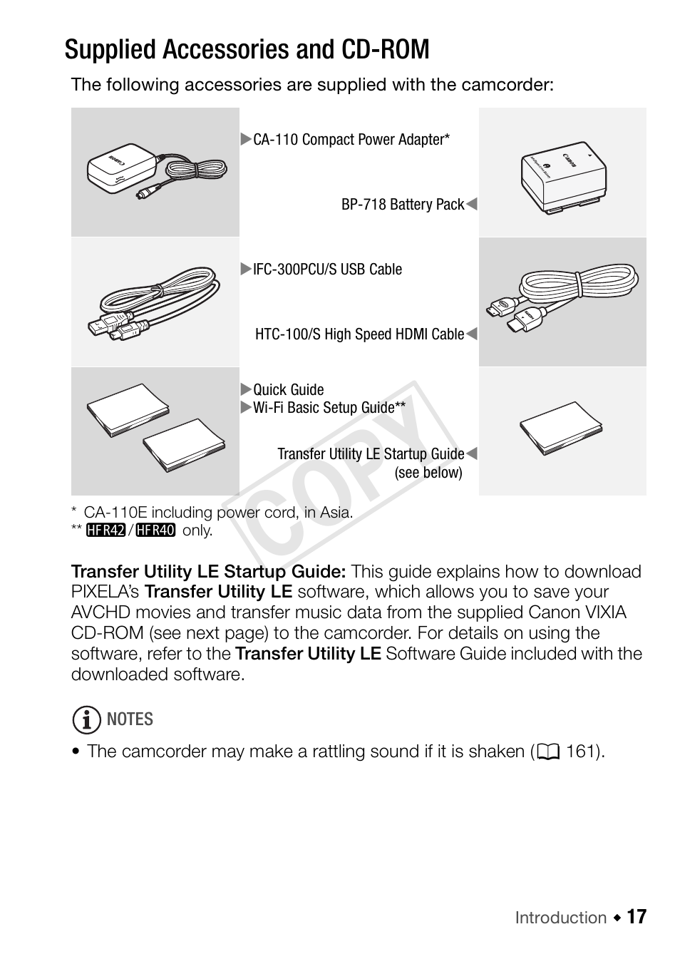 Getting to know the camcorder, Supplied accessories and cd-rom, Cop y | Canon VIXIA HF R42 User Manual | Page 17 / 197