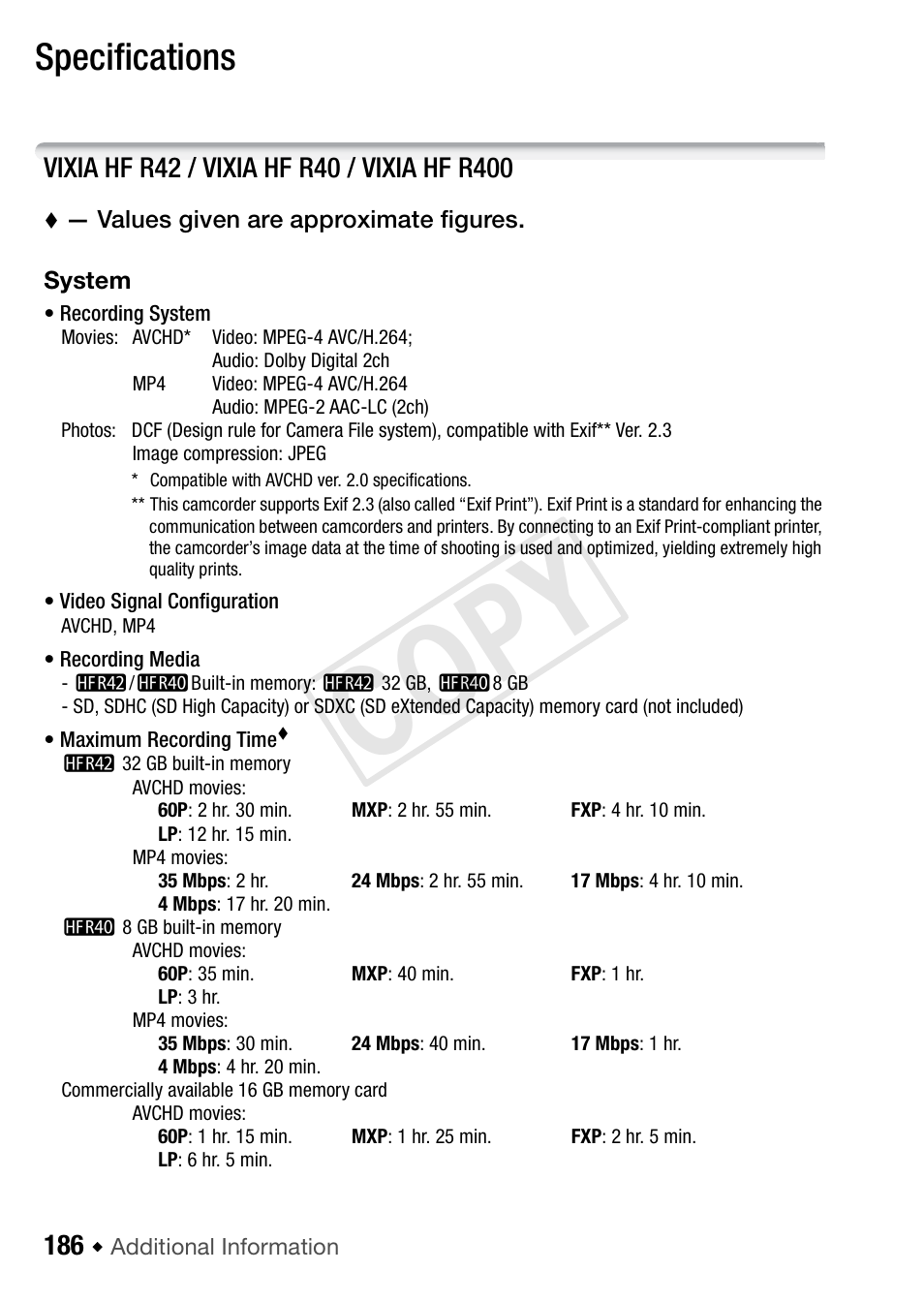 Specifications, Cop y | Canon VIXIA HF R42 User Manual | Page 186 / 197