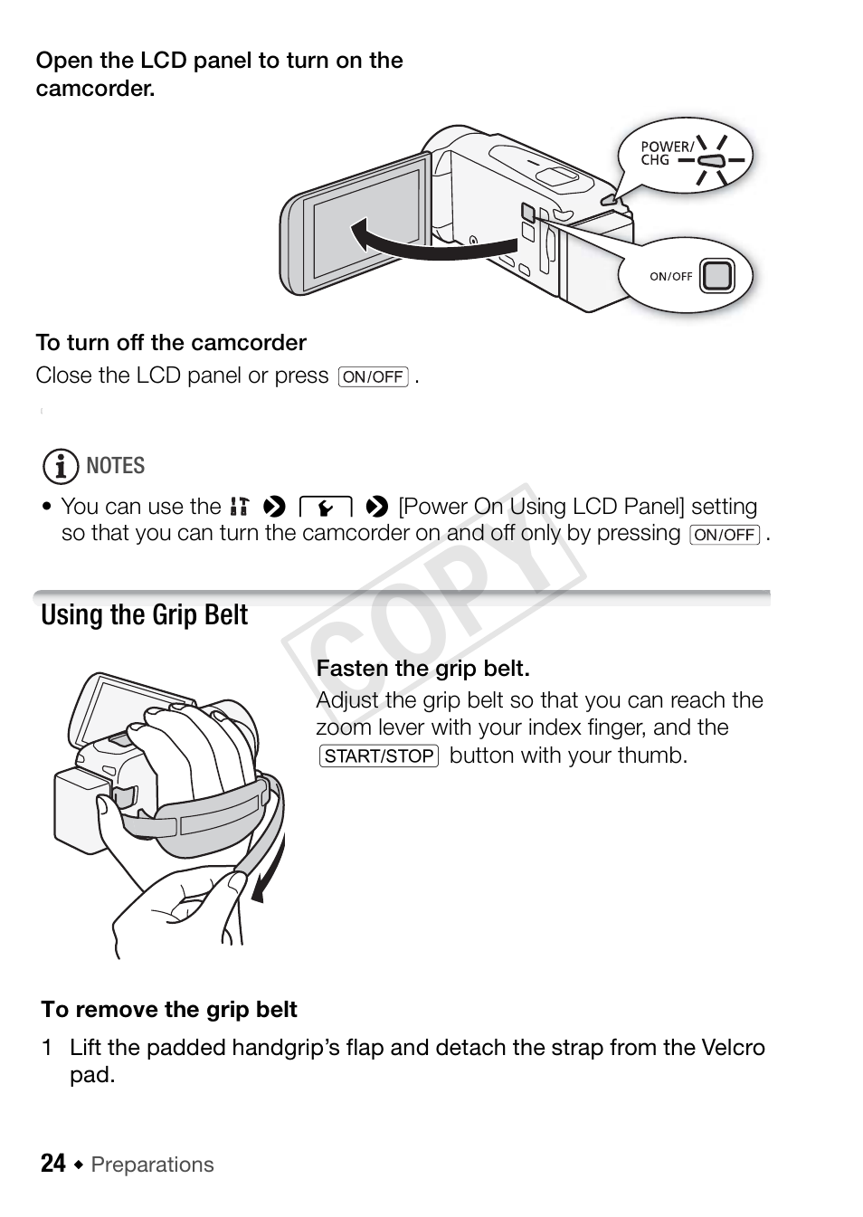 Using the grip belt, Cop y | Canon VIXIA HF R42 User Manual | Page 24 / 197