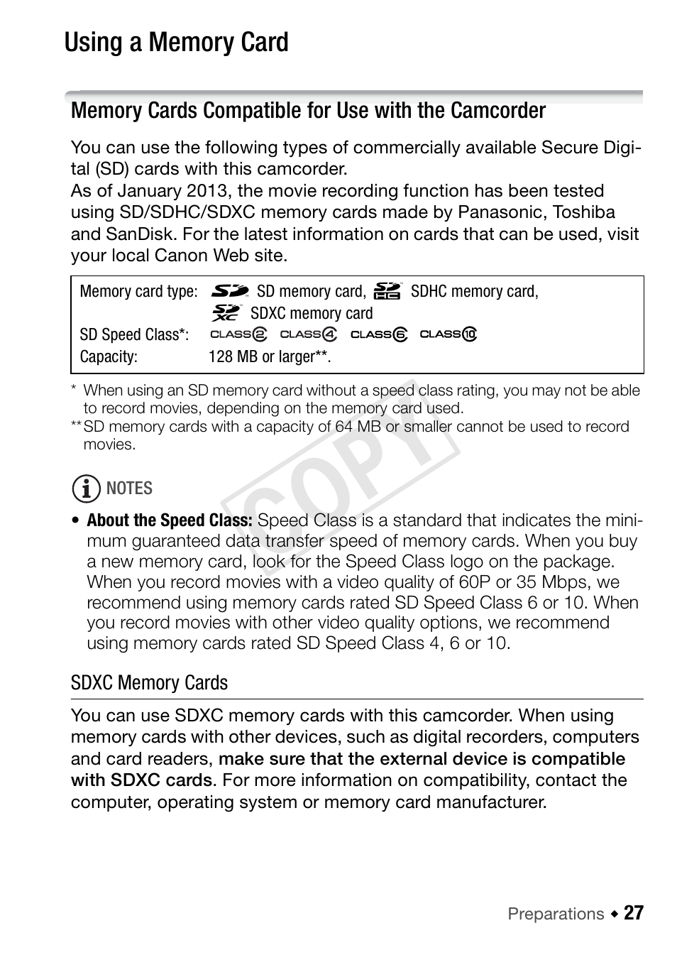 Using a memory card, Memory cards compatible for use with the camcorder, Cop y | Canon VIXIA HF R42 User Manual | Page 27 / 197