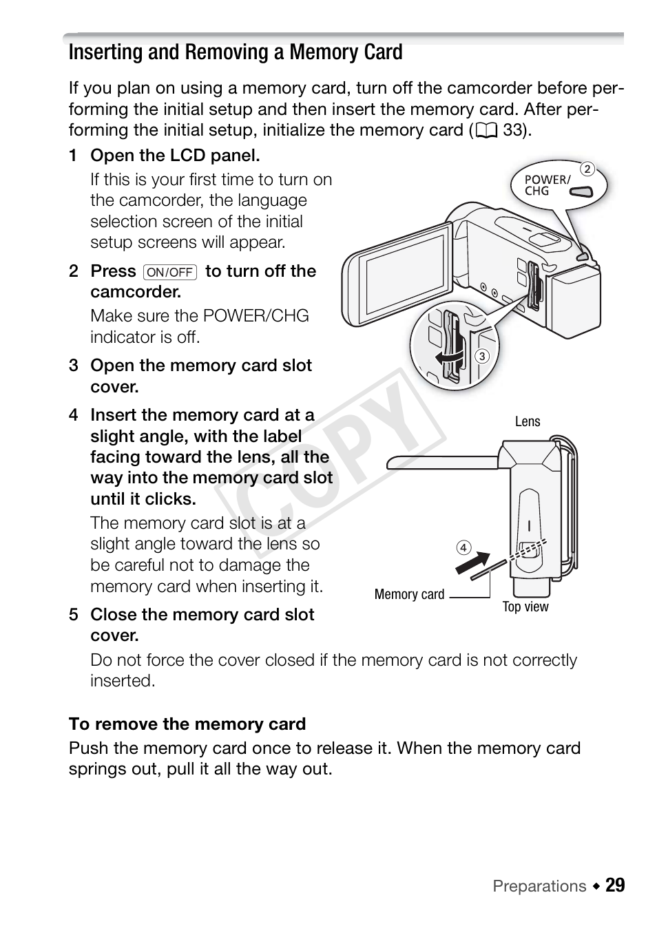 Inserting and removing a memory card, Cop y | Canon VIXIA HF R42 User Manual | Page 29 / 197
