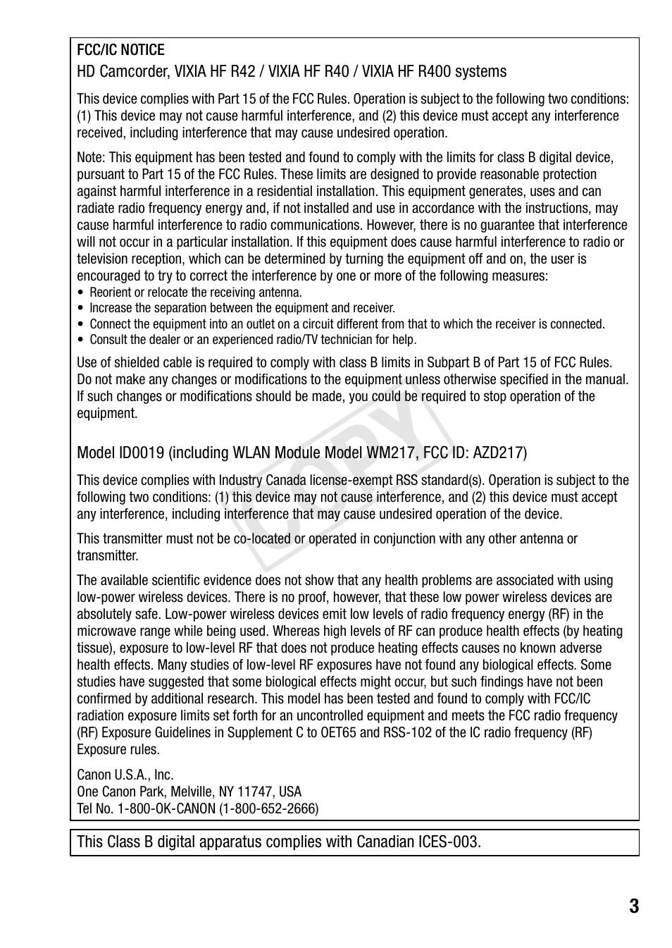 Cop y | Canon VIXIA HF R42 User Manual | Page 3 / 197