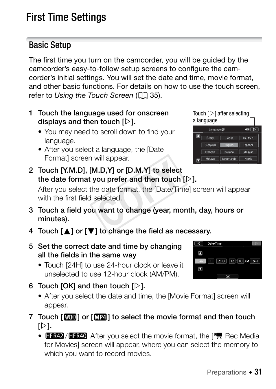 First time settings, Basic setup, Cop y | Canon VIXIA HF R42 User Manual | Page 31 / 197