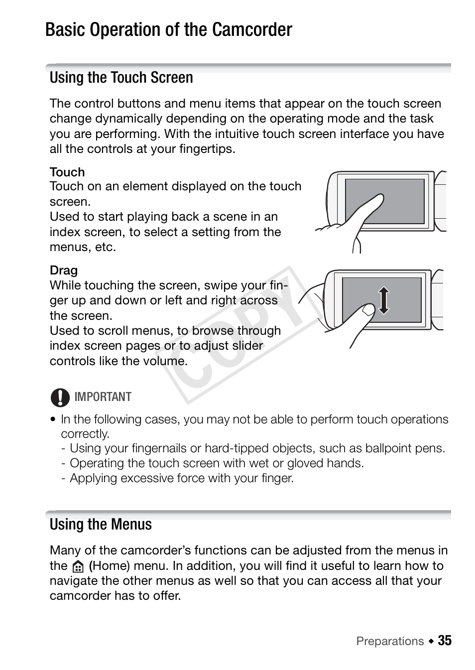 Basic operation of the camcorder, Using the touch screen, Using the menus | Cop y | Canon VIXIA HF R42 User Manual | Page 35 / 197