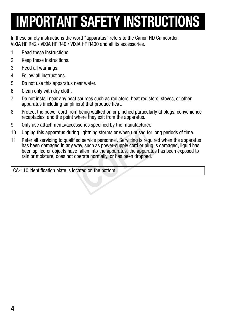 Cop y, Important safety instructions | Canon VIXIA HF R42 User Manual | Page 4 / 197