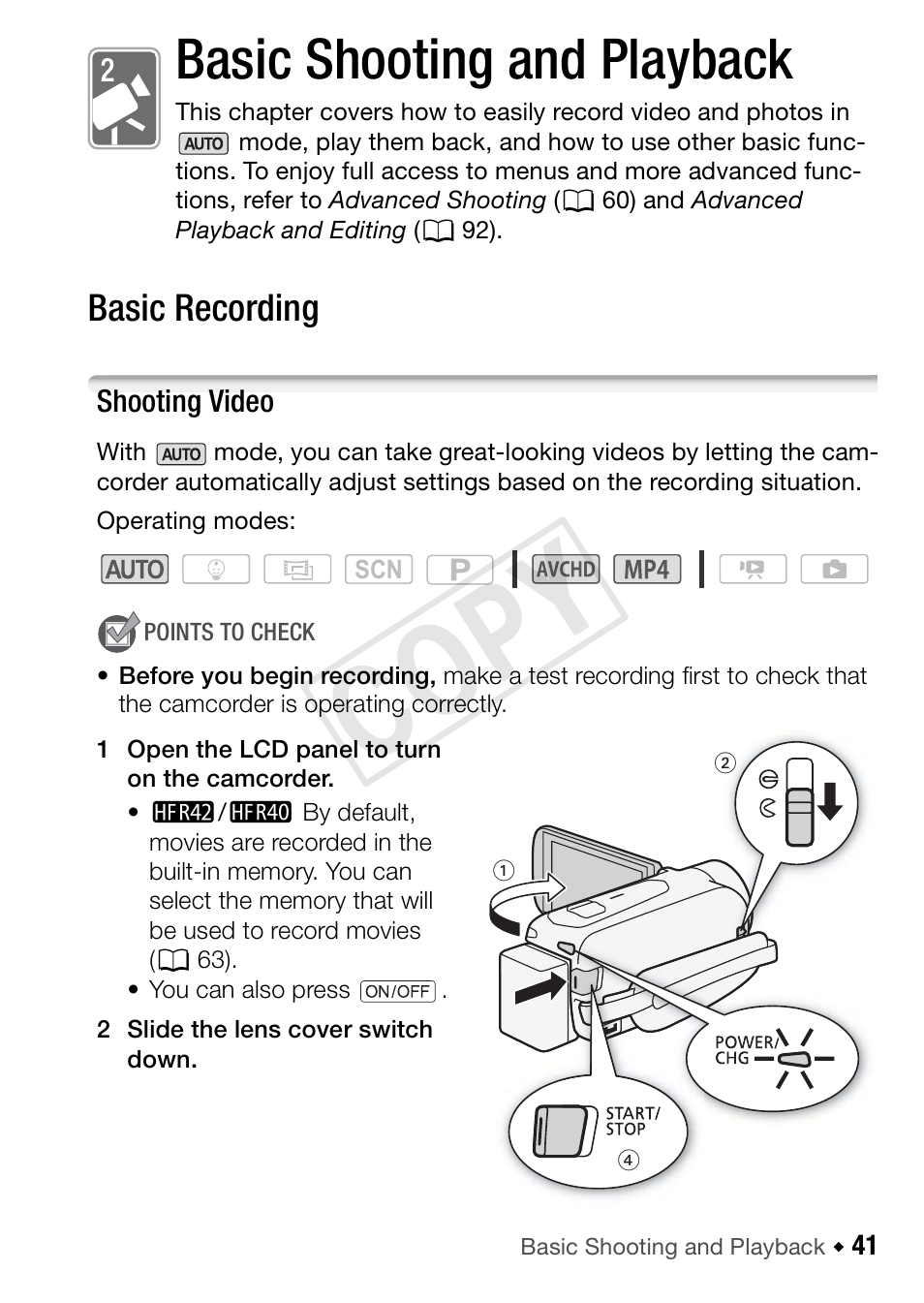 Basic shooting and playback, Basic recording, Shooting video | 41). g, Cop y | Canon VIXIA HF R42 User Manual | Page 41 / 197