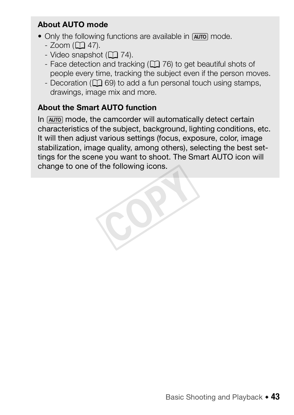 About the smart auto function, Cop y | Canon VIXIA HF R42 User Manual | Page 43 / 197
