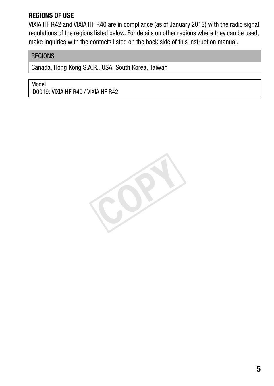 Cop y | Canon VIXIA HF R42 User Manual | Page 5 / 197