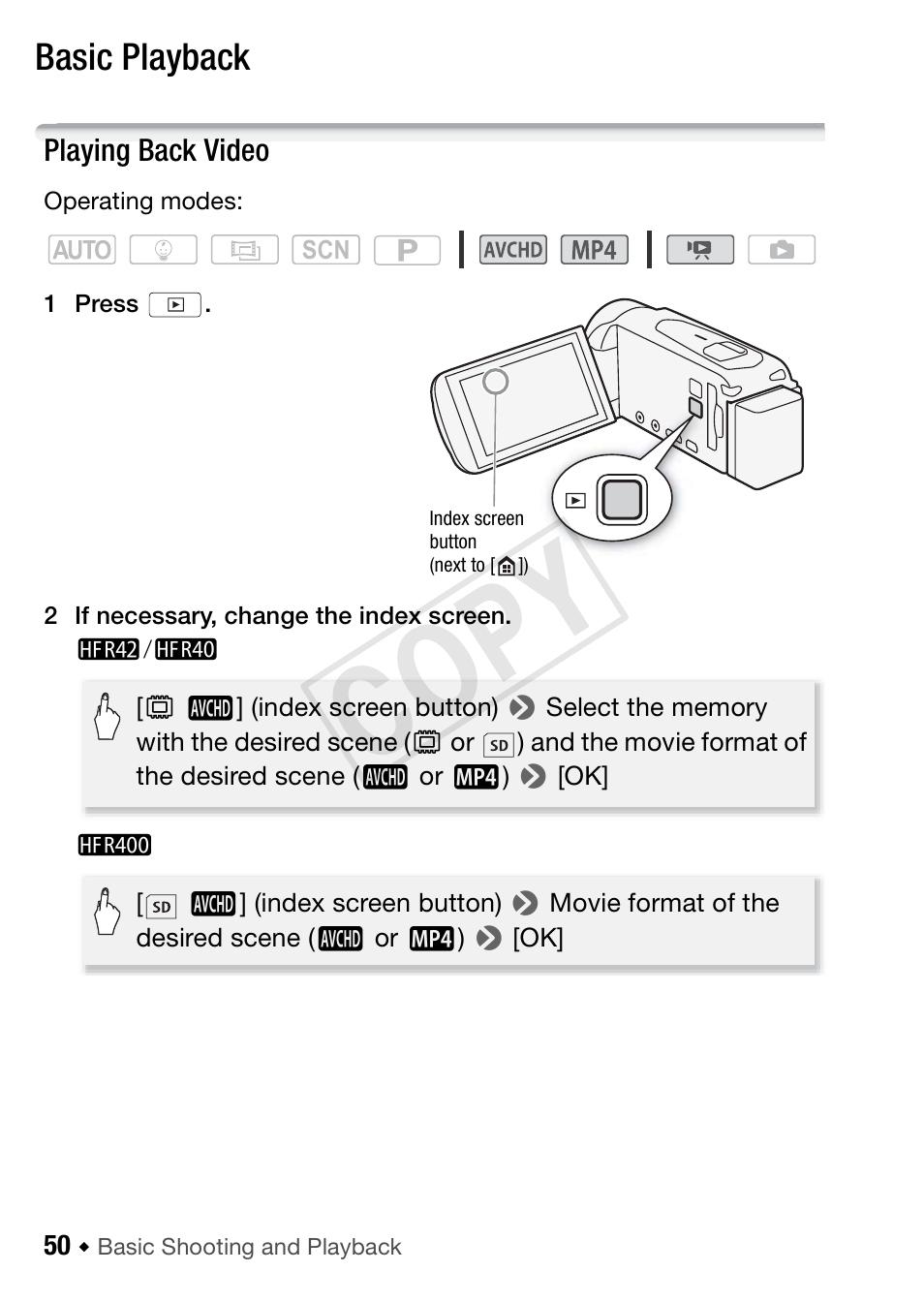 Basic playback, Playing back video, 50). y | Cop y | Canon VIXIA HF R42 User Manual | Page 50 / 197