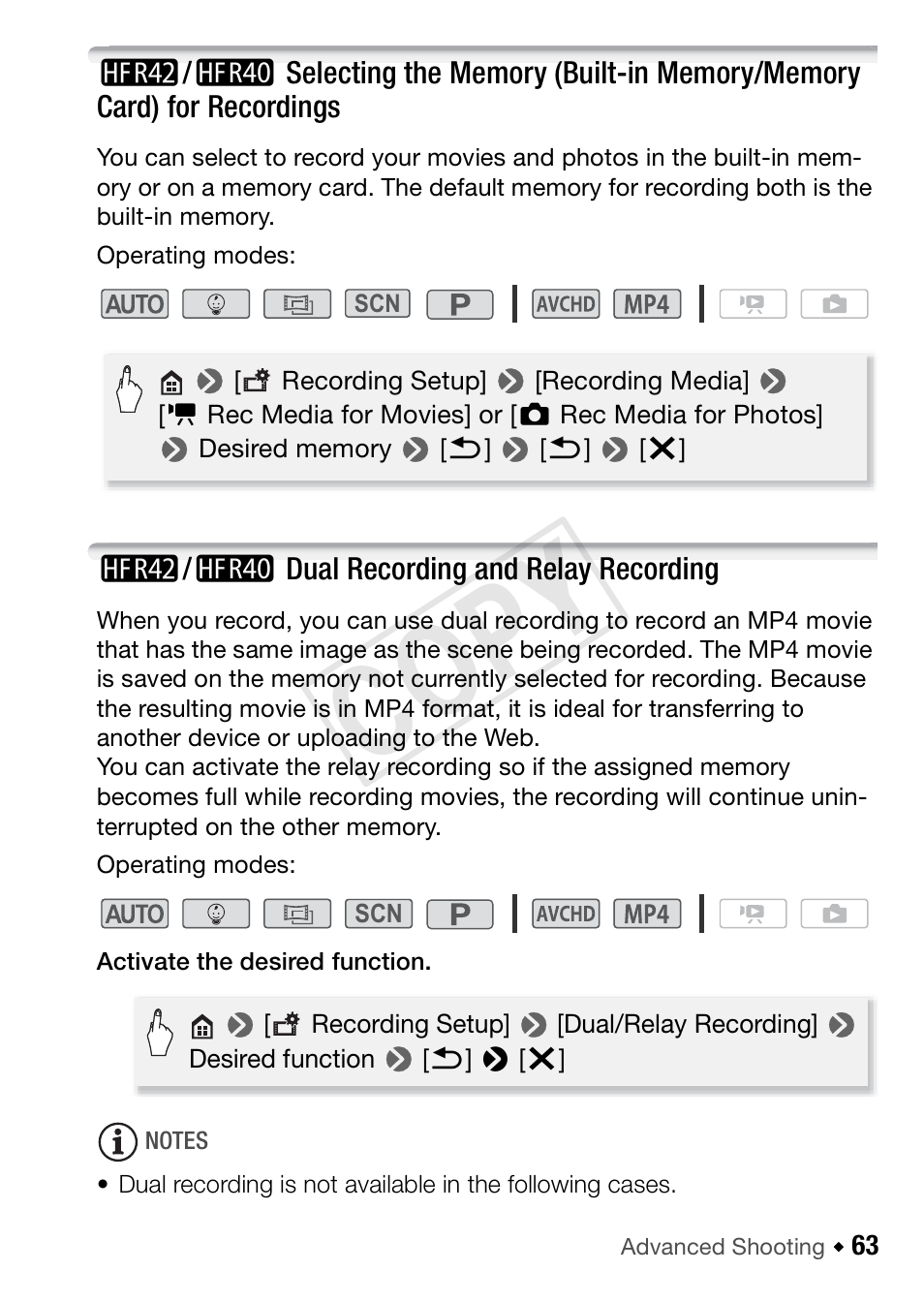 6/4 dual recording and relay recording, 63) a, Cop y | Canon VIXIA HF R42 User Manual | Page 63 / 197