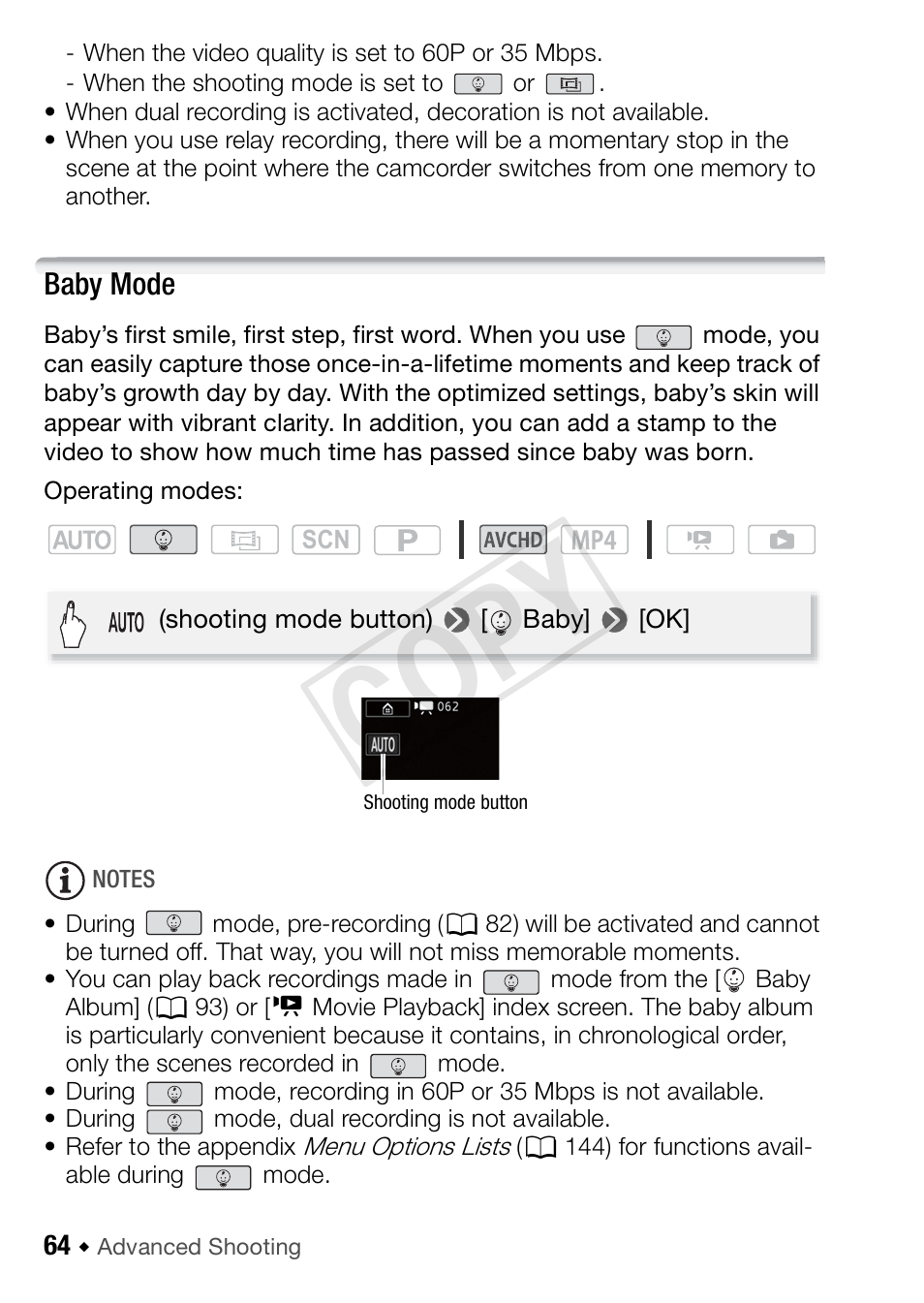 Baby mode, Cop y | Canon VIXIA HF R42 User Manual | Page 64 / 197