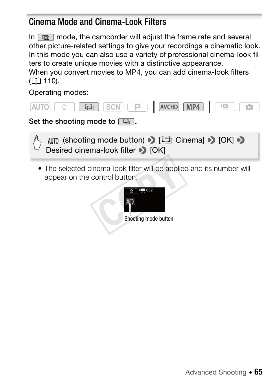 Cinema mode and cinema-look filters, Cop y | Canon VIXIA HF R42 User Manual | Page 65 / 197