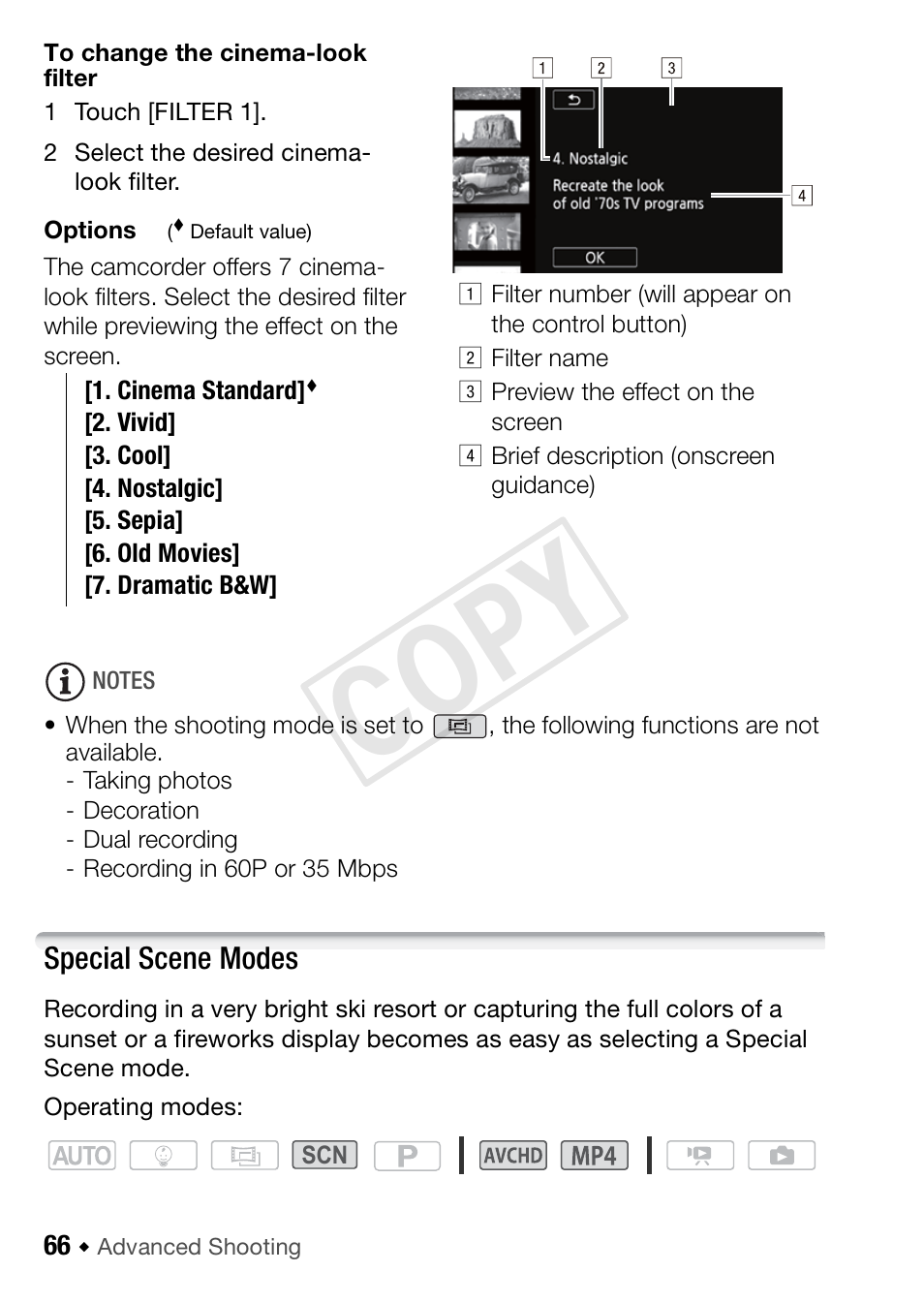 Special scene modes, Cop y | Canon VIXIA HF R42 User Manual | Page 66 / 197
