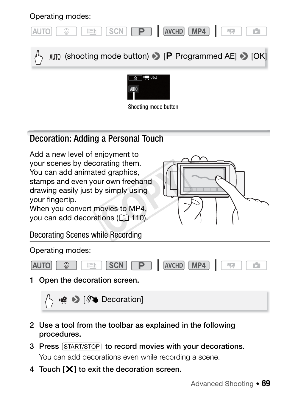 Decoration: adding a personal touch, Cop y | Canon VIXIA HF R42 User Manual | Page 69 / 197