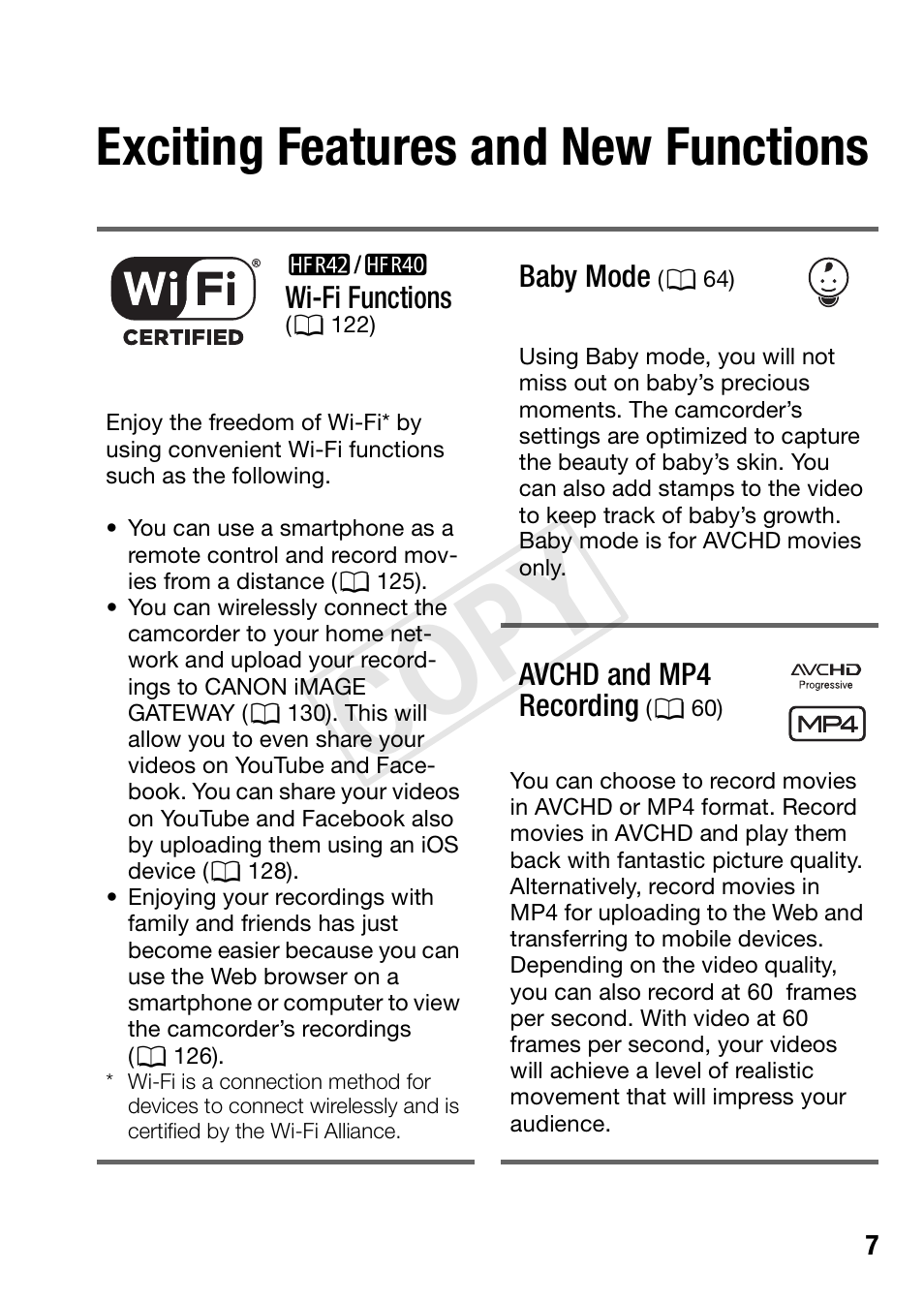 Cop y, Exciting features and new functions | Canon VIXIA HF R42 User Manual | Page 7 / 197