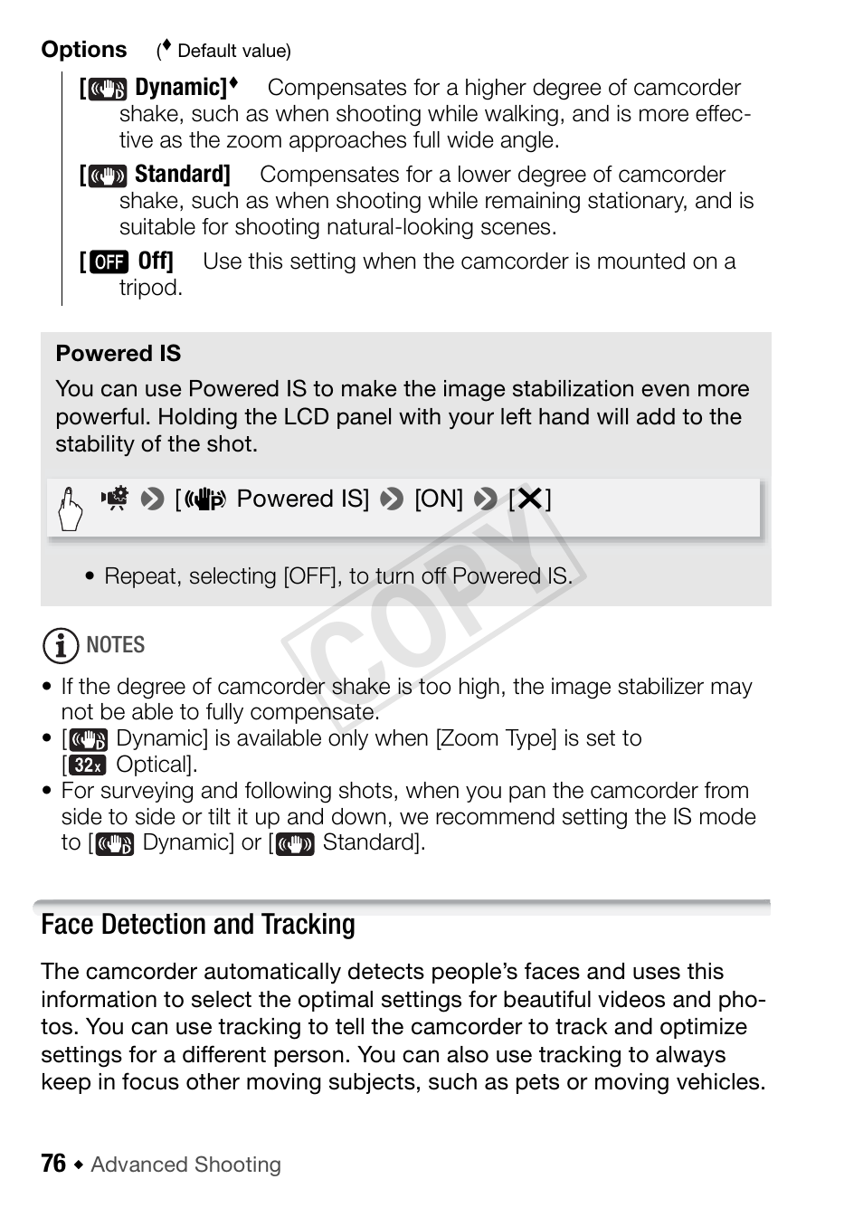 Powered is, Face detection and tracking, 76) t | Cop y | Canon VIXIA HF R42 User Manual | Page 76 / 197