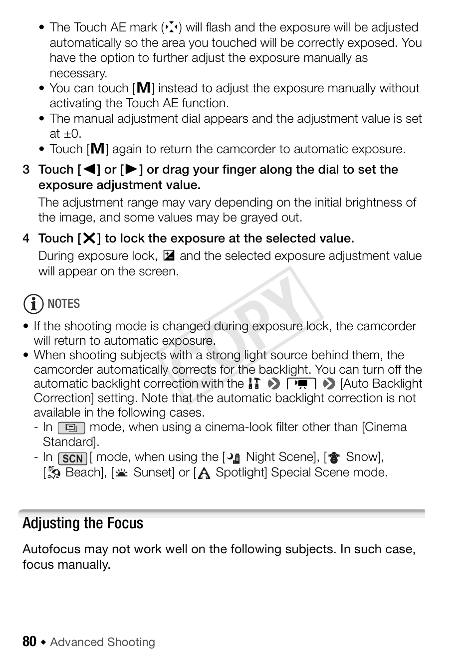 Adjusting the focus, Cop y | Canon VIXIA HF R42 User Manual | Page 80 / 197