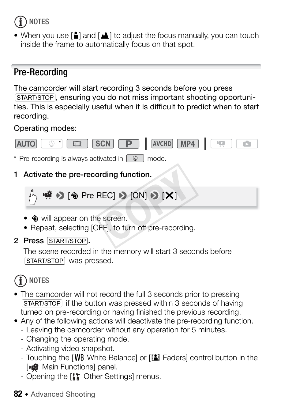 Pre-recording, Cop y | Canon VIXIA HF R42 User Manual | Page 82 / 197