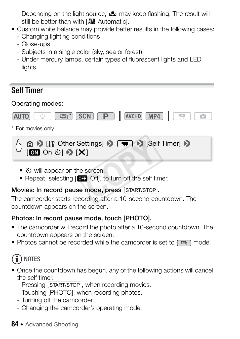 Self timer, Cop y | Canon VIXIA HF R42 User Manual | Page 84 / 197