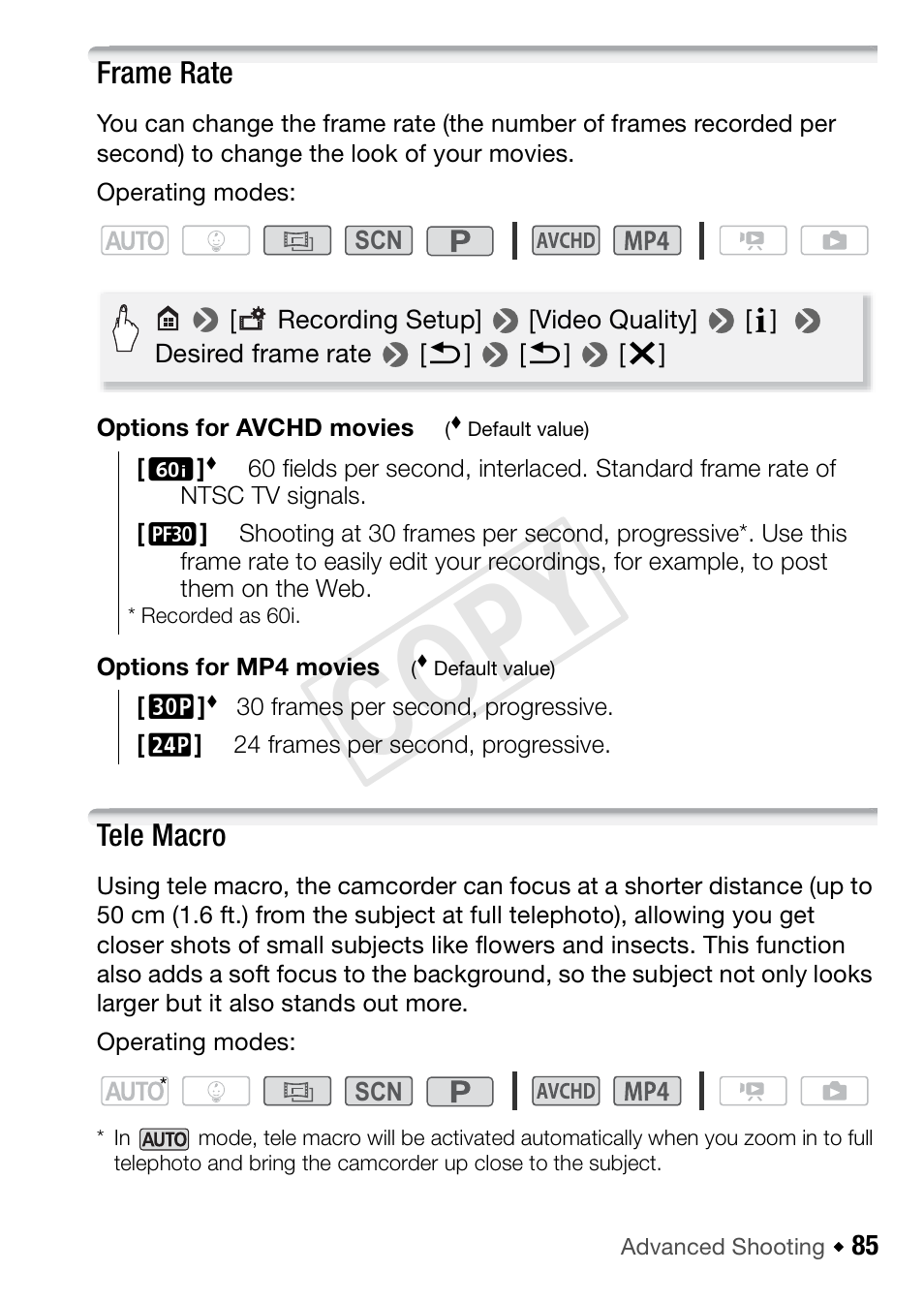 Frame rate, Tele macro, Cop y | Canon VIXIA HF R42 User Manual | Page 85 / 197