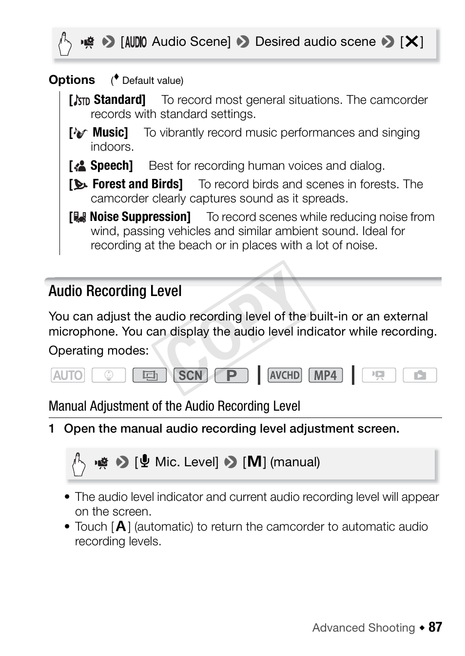 Audio recording level, Cop y | Canon VIXIA HF R42 User Manual | Page 87 / 197