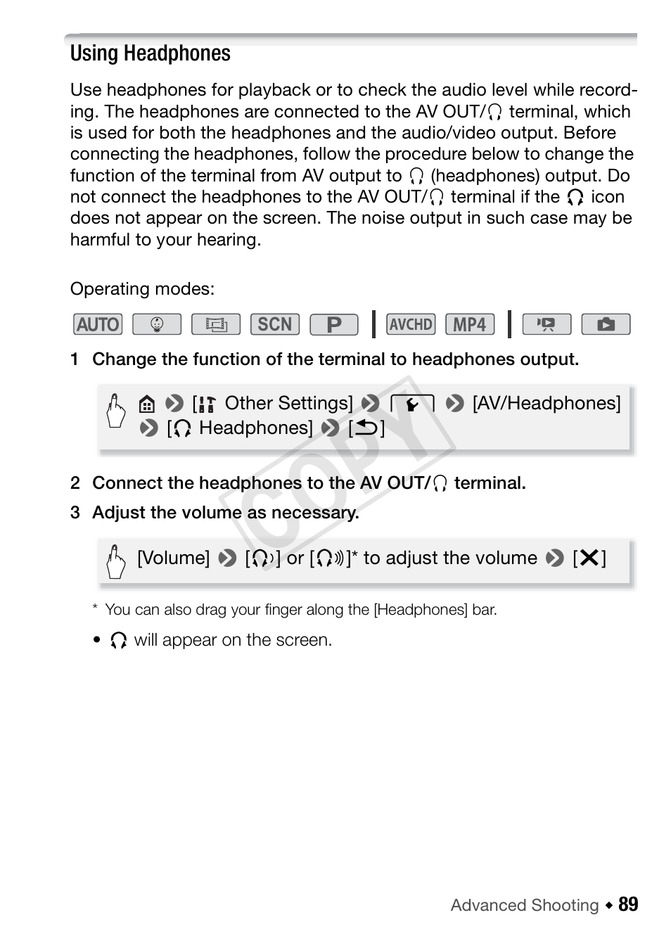 Using headphones, Cop y | Canon VIXIA HF R42 User Manual | Page 89 / 197