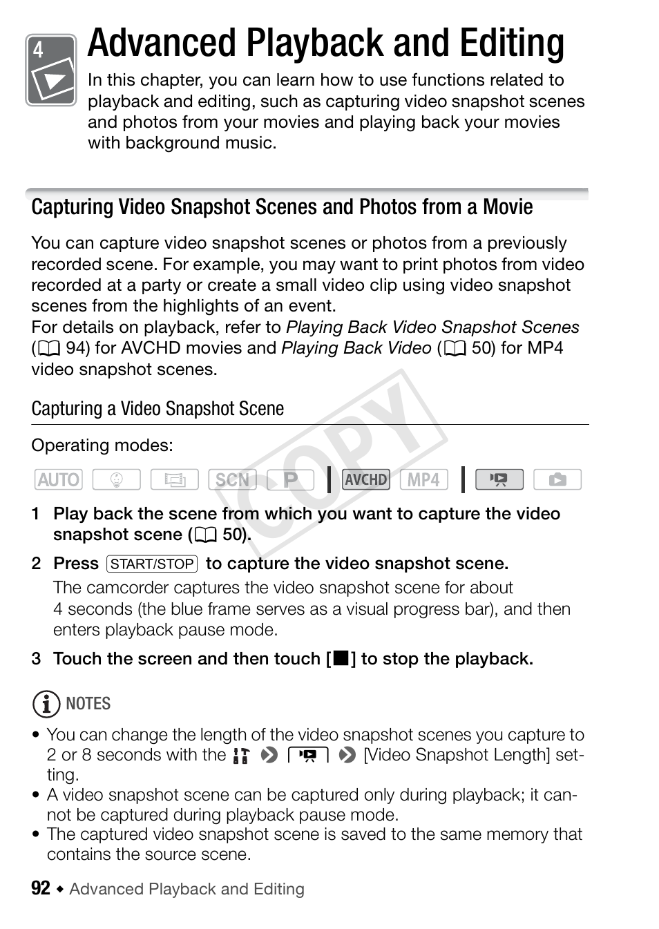 Advanced playback and editing, Cop y | Canon VIXIA HF R42 User Manual | Page 92 / 197