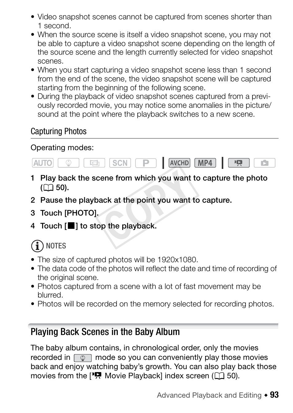 Playing back scenes in the baby album, Cop y | Canon VIXIA HF R42 User Manual | Page 93 / 197