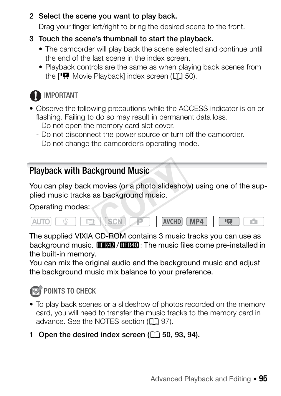 Playback with background music, Cop y | Canon VIXIA HF R42 User Manual | Page 95 / 197