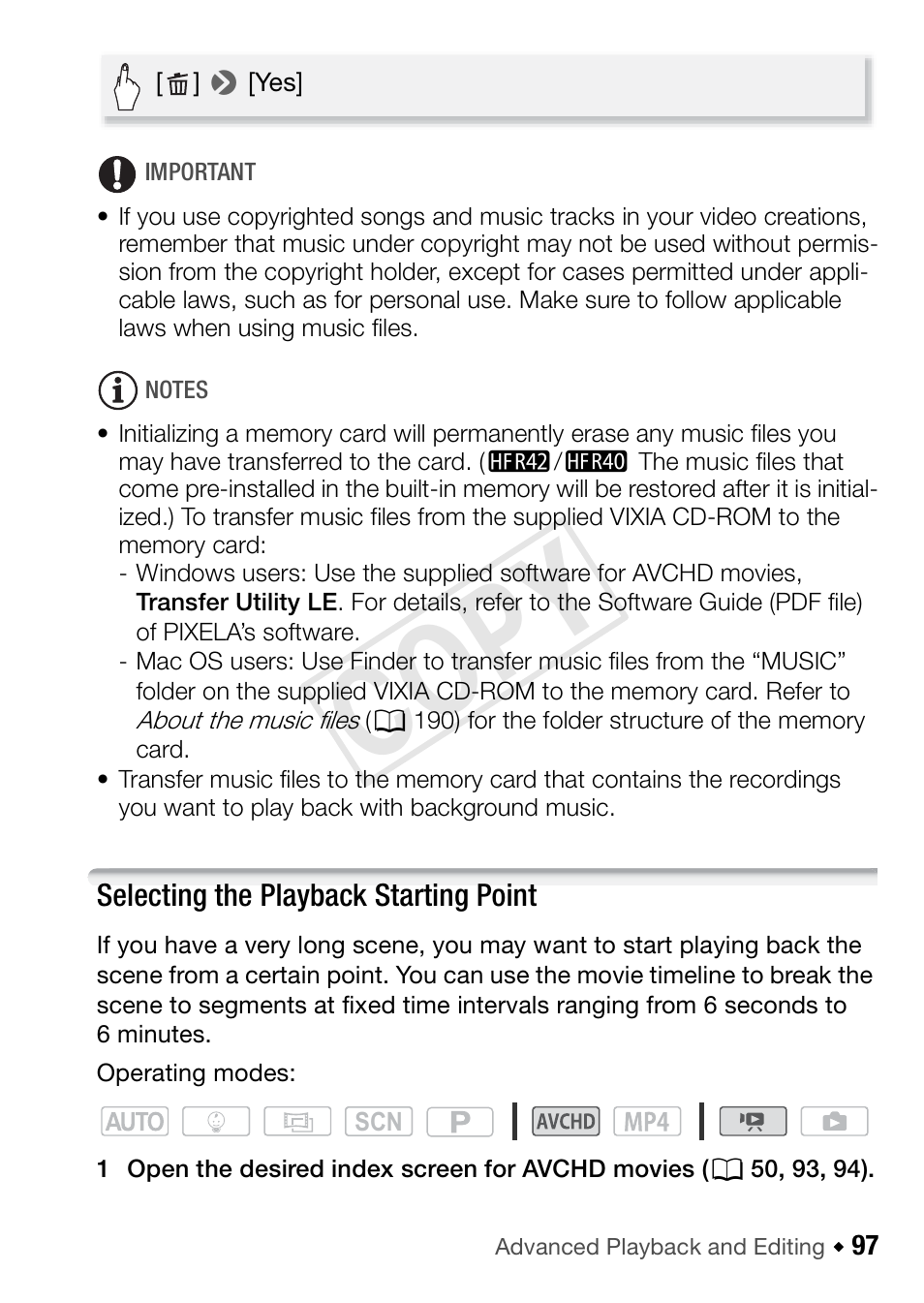 Selecting the playback starting point, C op y | Canon VIXIA HF R42 User Manual | Page 97 / 197