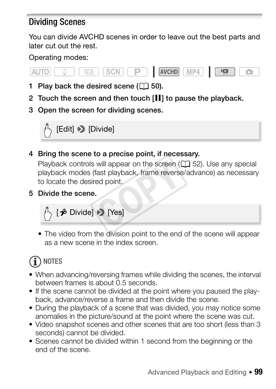 Dividing scenes, Cop y | Canon VIXIA HF R42 User Manual | Page 99 / 197