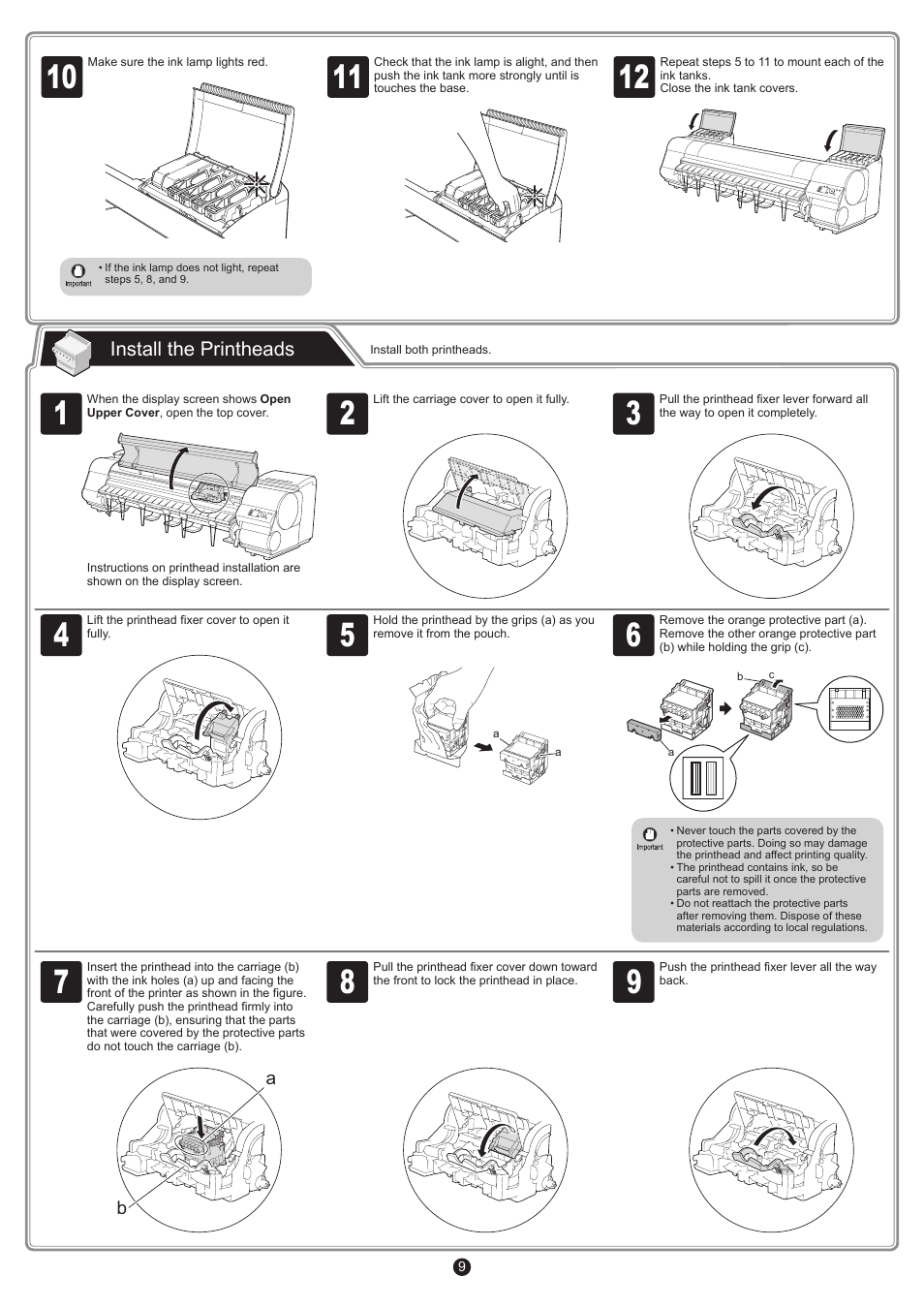 Install the printheads | Canon imagePROGRAF iPF9400S User Manual | Page 9 / 20