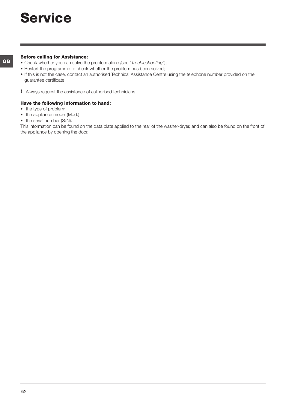 Service | Hotpoint Ariston WDD 10760 User Manual | Page 12 / 48