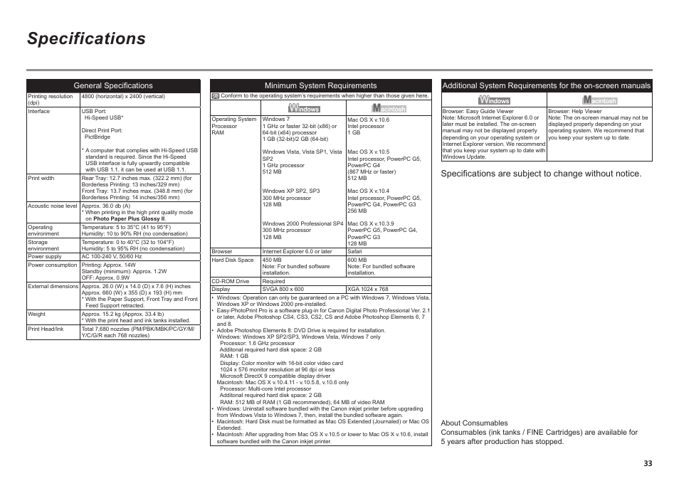 Specifications, Minimum system requirements, General specifications | Canon PIXMA Pro9500 Mark II User Manual | Page 35 / 36